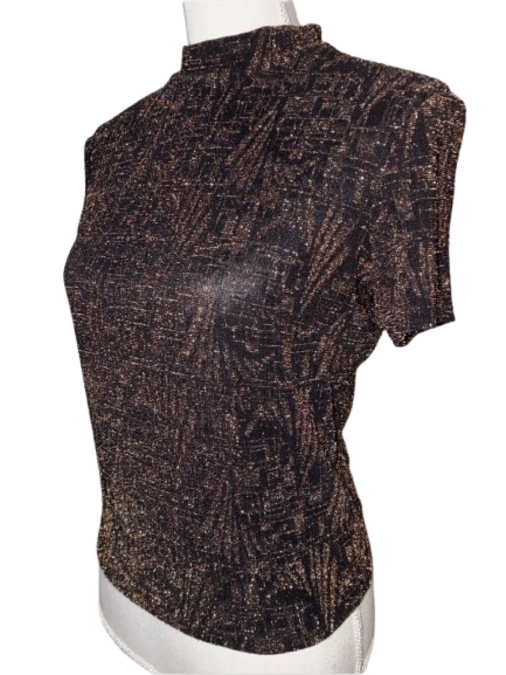 MONKI Women’s mock neck short sleeved black blouse top with golden glimmer